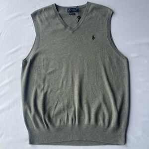 Polo Ralph Lauren V-Neck Sweater Vest Heather Gray Mens Green Pony Large Cotton